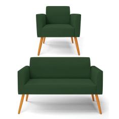 Sofá Namoradeira Com Poltrona Pés Palito Castanho Marisa Veludo Verde D03 - D`rossi
