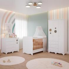 Quarto Bebê Completo Berço Americano Bem 3 em 1 Guarda Roupas 3 Portas Cômoda Bolinha 100% MDF