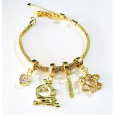 Pulseira Berloques Química Coração Placa Folheado Ouro 18k