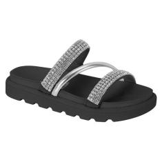 Sandália Papete Feminina Vizzano Strass Brilho, Preto, Cristal, 36