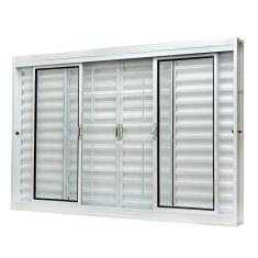 Janela de Aço Veneziana Central 100x120cm 6 Folhas com Grade Quadriculada e Vidro Liso Qualitysol Ramassol Branco