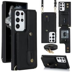 Capa de couro com alça de mão crossbody para Samsung Galaxy S23 S22 Ultra A54 A14 A34 A53 5G cordão porta cartão, preto, para Galaxy S23 Ultra