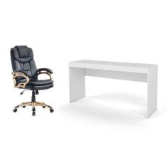 conjunto de mesa marselha branca com cadeira de escritório presidente giratória com relax clark preta e dourada