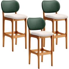 Kit 3 Banquetas Alta Bar Cozinha Sala Jantar Betta L02 Imbuia Facto Verde Linho Cru - Lyam Decor