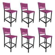 Kit 6 Banquetas França em Corda Náutica e Base em Alumínio Preta para Área Gourmet Rosa