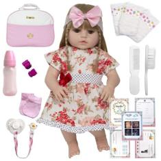 Boneca Reborn de Silicone Loira Vestido Florido Pode Banho - Cegonha R