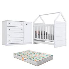 Berço Montessoriano e Cômoda Infantil Americano Branco com Colchão Gaz