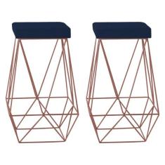 Kit 2 Banqueta Decorativa Kathy Base Bronze Veludo Azul G41 - Gran Bel