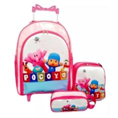 Mochila Pocoyo Rosa Rodinhas Lancheira Estojo Kit