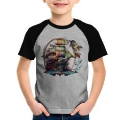 Camiseta Raglan Infantil Navio e Flores - Foca na Moda, Cinza, Preto, 