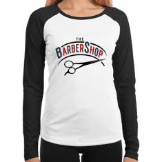 Baby Look Raglan The Barber Shop Manga Longa - Foca na Moda, Branco, P