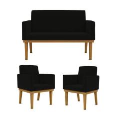Kit Sofá Com Base Reforçada + 2 Poltronas Sala De Estar Cor:preto