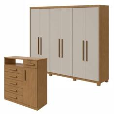 Conjunto de Guarda-roupa 6 portas Áries com pés e Cômoda Da Vinci com Nicho Amêndoa Clean/off White