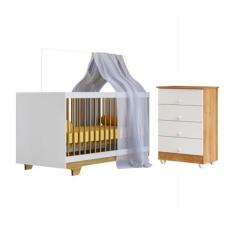 Quarto de Bebê com Berço Mini Cama 100% Mdf Flocos e Cômoda de Bebê 100% Mdf 4 Gavetas Soft Life Branco/madeirado Ypê