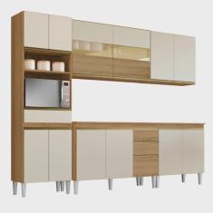 Armário de Cozinha Completa com Balcão e Nicho para Micro-ondas 13 Portas 3 Gavetas Clara Atacama / Off White Aramóveis