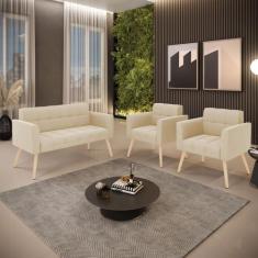 Kit 1 Sofá Namoradeira e 2 Poltronas Elisa Suede Pés Palito Natural D0