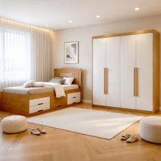 Conjunto Cama Solteiro 5 Gavetas Júlia e Guarda-roupa Casal 4 Portas 4