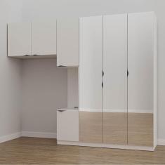 Guarda Roupa Modulado de Solteiro com Espelho e Mesa de Cabeceira Direita 7 Portas 3 Peças Hera Cabe Branco Geada/Preto