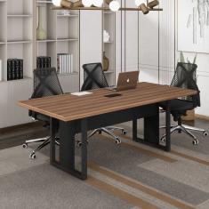 Mesa Reunião Retangular com 1 Caixa de Tomadas Pé Quadro Marrom/Preto