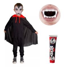 Fantasia Infantil Menino Halloween Vampiro Capa E Dente