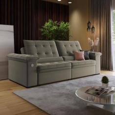 Sofá 3 Lugares Retrátil Reclinável com USB Veludo 230cm Khalifa Wood E