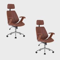 Kit 2 Cadeiras Escritório Presidente Giratória Kopenhagen Apoio Cabeça Marrom