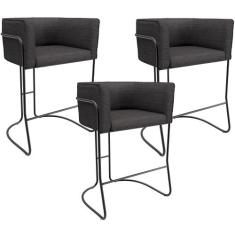 Kit 03 Banquetas Baixa Base de Aço Preto Betina D02 Linho Cinza Escuro
