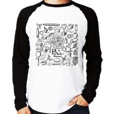 Camiseta Raglan Pizza Elementos Manga Longa - Foca na Moda, Branco, Pr