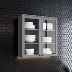 Armário Aéreo de Cozinha 80 Cm 2 Portas com Vidro Amy Casa 812, Cinza