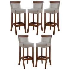 Kit 5 Banquetas Alta em Madeira Diamantina Estofada Linho Bege M58 RMI