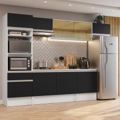 Armário de Cozinha Completa Diamante 10 Portas 1 Gaveta MDF 300cm Branco Preto com Vidro