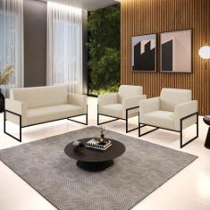 Sofá Namoradeira com 2 Poltronas Base Industrial Alta Preto Marisa mat