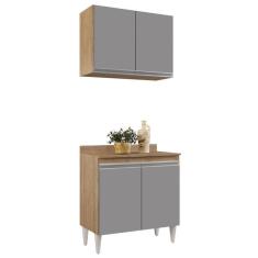 Armário Aéreo E Balcão 80Cm Com Tampo Castanho/Cinza