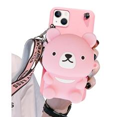 SGVAHY Capa carteira para iPhone 11 com alça de cordão fofo urso rosa bolsa de moedas engraçada capa de telefone kawaii de silicone macio à prova de choque para mulheres meninas