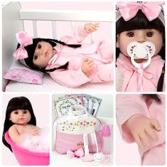 Boneca Bebe Reborn Silicone Realista Morena Roupão 20 Itens
