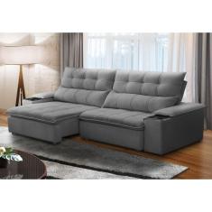 Sofá Retrátil e Reclinável 4 Lugares 250cm com Porta Copos e Objetos Bulgária Prata