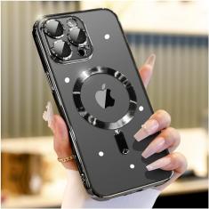 Waldeng Capa para iPhone 15 Pro Max com proteção de lente de câmera integrada, [sem costura com Magsafe] [amortecedor macio metálico brilhante], capa elegante transparente diamante para iPhone 15