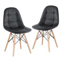 Kit - 2 X Cadeiras Estofadas Eames Eiffel Botonê - Base De Madeira Clara - Preto