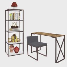 Kit Escritório Bex 1 Cadeira Corino Cinza com 1 Mesa e 1 Livreiro Ferro Marrom mdf Imbuia - Ahazzo Móveis