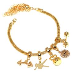 Pulseira Berloques Halteres Peso Pilates Folheado Ouro 18k
