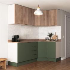 Cozinha Modulada 6 Peças com Tampo 3 Aéreos e 3 Balcões Ipanema CabeCasa MadeiraMadeira Acácia/Verde Folha/Branco