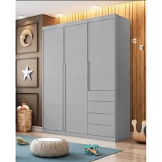 Guarda-Roupa 3 Portas e 4 Gavetas Pérola Cinza  - Phoenix Baby