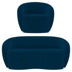 Sofá 3 Lugares Living 180cm E 1 Poltrona Giratória Garbin K04 Veludo Azul Marinho - Mpozenato