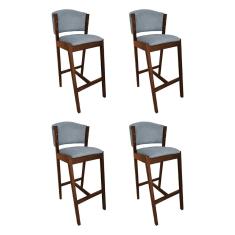 Kit 4 Banquetas Alta De Madeira Maciça Natural Premium Ana Com Encosto Linho Cinza
