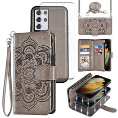 Asuwish Capa de celular para Samsung Galaxy S21 Ultra 5G Carteira com zíper destacável com protetor de tela de vidro temperado, compartimento para cartão de flores S21ultra 21S S 21 21ultra G5