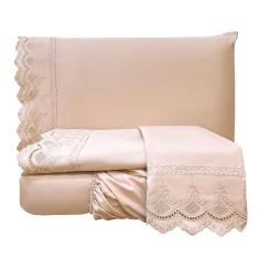 Jogo Cama Lençol Loren Queen Bordado Inglês Micro Percal 300 Fios 4 Peças - Rosê