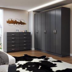 Guarda-Roupa Casal Aiden 6 Portas 2 Gavetas com Cômoda 10 Gavetas Preto - Panorama Móveis