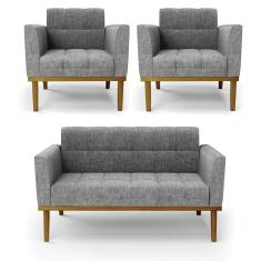 Sofá Namoradeira E 2 Poltronas Base Madeira Castanho Elisa Linho D03 - D'rossi Cor A26 Grafite