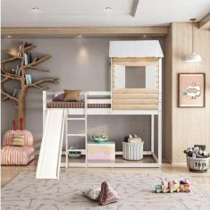 Cama Alta Infantil Club House Wood com Escorregador Casatema Branco/Marroml