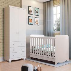 Quarto de Bebê com Guarda Roupa 2 Portas 3 Gavetas e Berço Mini Cama Cambalhota Espresso Móveis Branco Brilho